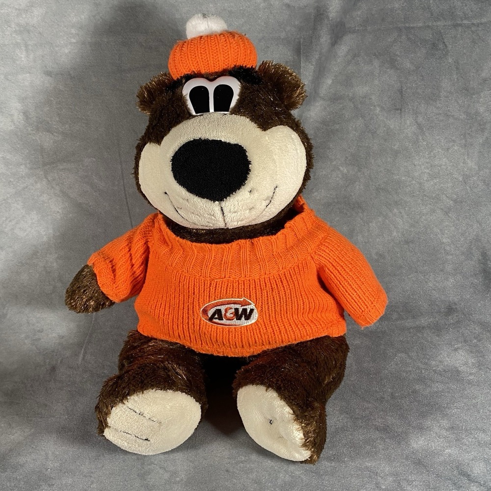 A&W Root Beer Rooty Promo Mascot Bear Stuffed Plush Vintage w Knit Sweater